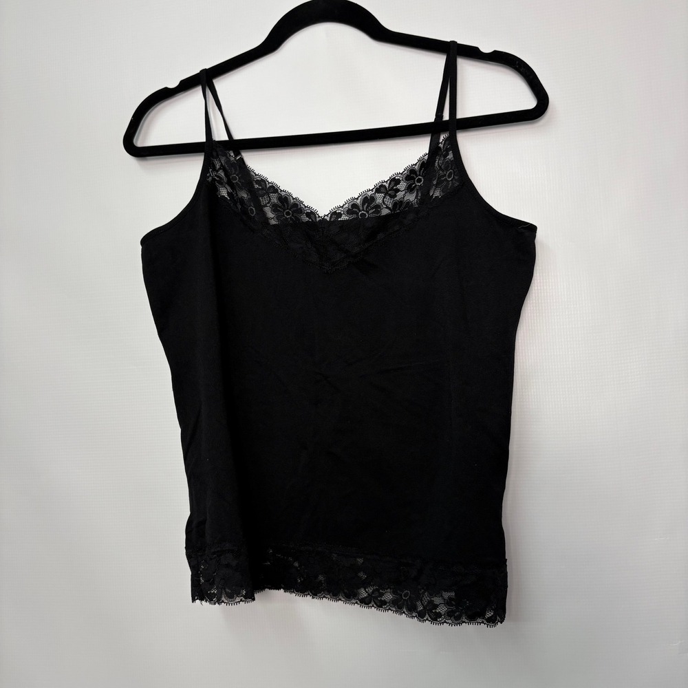 Black Lace Trim Cami Tank Top Adjustable Spaghetti Straps V-Neck Layering Small